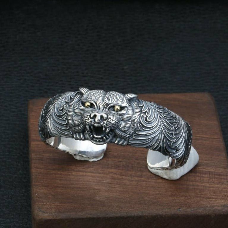 Solid Silver Crouching Tiger Cuff Bracelet - Ideal Place Market