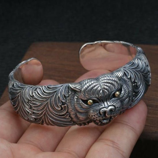 Solid Silver Crouching Tiger Cuff Bracelet - Ideal Place Market