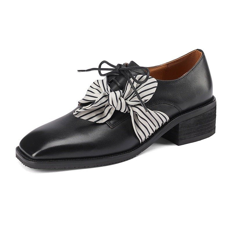 Square Heel Lace-Up Genuine Leather Mules with Removable Striped Shoe Scarf - Ideal Place Market