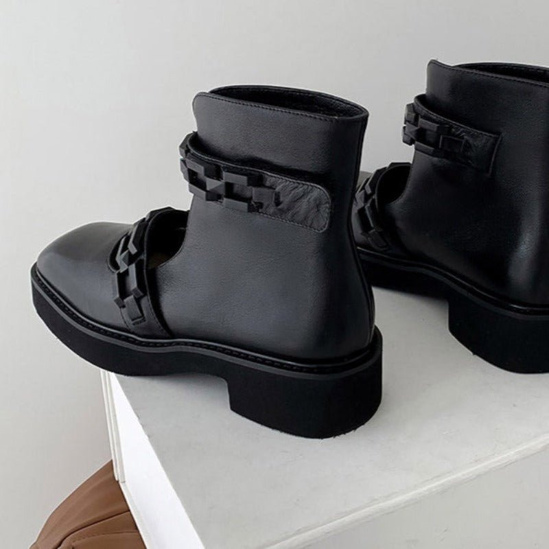 Square-Toe Black Cowhide Leather & Chunky Link Booties - Ideal Place Market