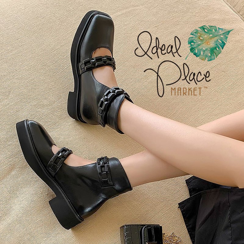 Square-Toe Black Cowhide Leather & Chunky Link Booties - Ideal Place Market