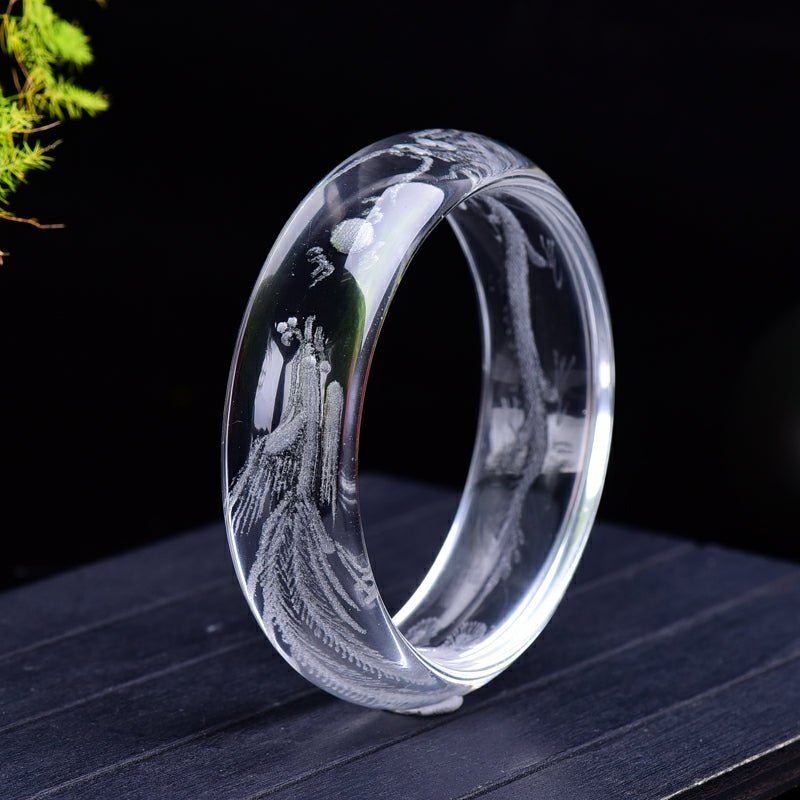 Stunning White Quartz Bangle with Etched Dragon & Phoenix 54-63mm - Ideal Place Market