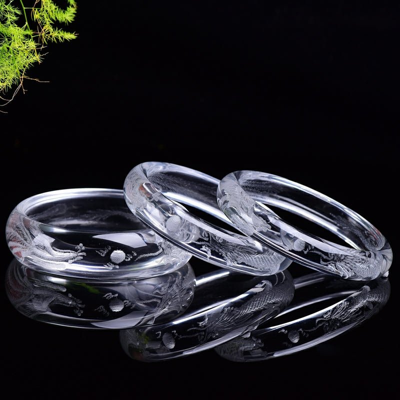 Stunning White Quartz Bangle with Etched Dragon & Phoenix 54-63mm - Ideal Place Market