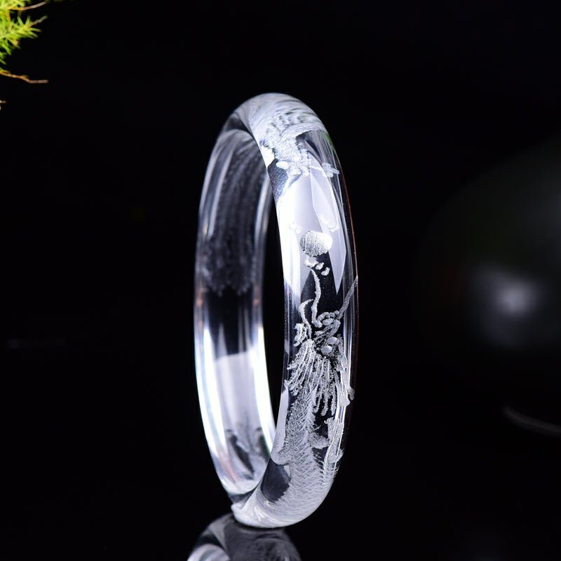 Stunning White Quartz Bangle with Etched Dragon & Phoenix 54-63mm - Ideal Place Market