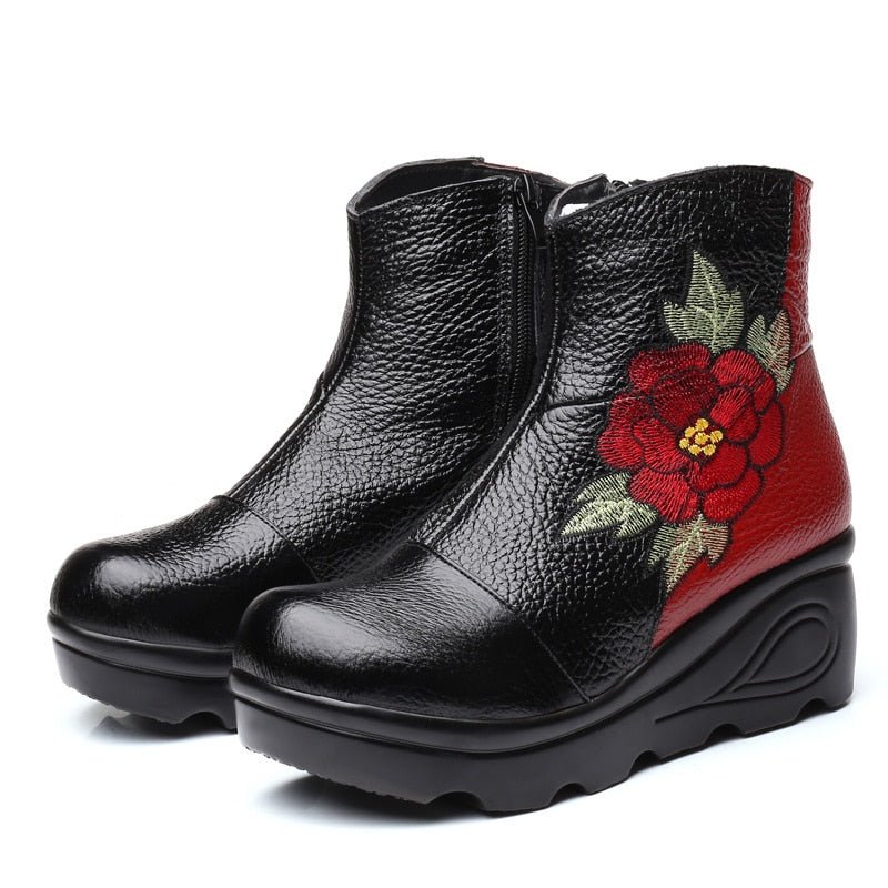 Tanned Pebble Cowhide Embroiered Winter Ankle Boots - Your Choice of Lining - Ideal Place Market