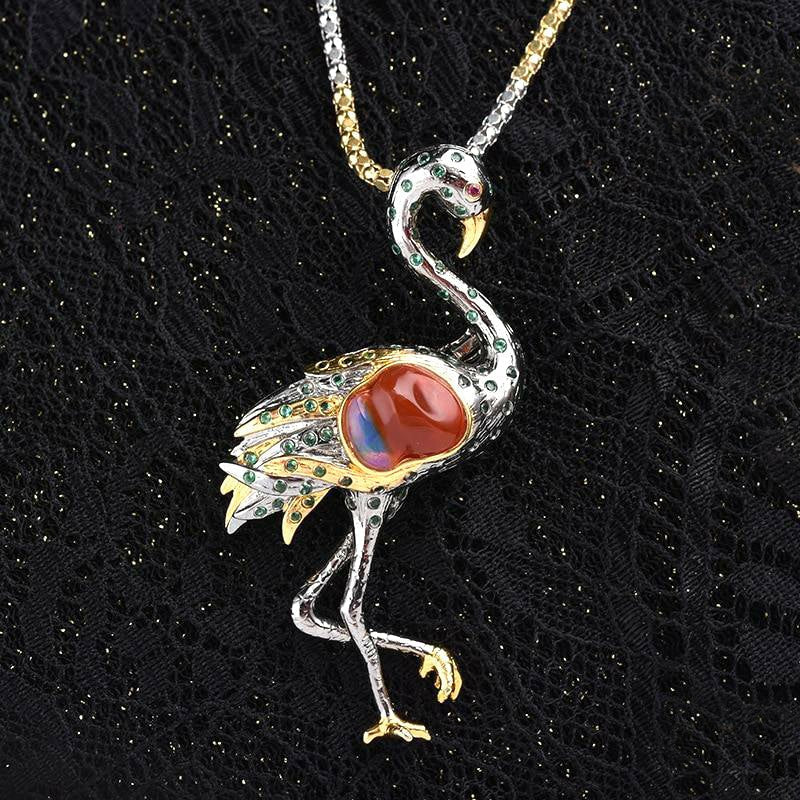 Thai Silver & Fire Opal Hearted Flamingo Necklace Pendant/Brooch - Ideal Place Market