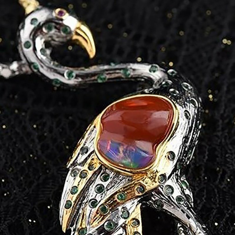 Thai Silver & Fire Opal Hearted Flamingo Necklace Pendant/Brooch - Ideal Place Market