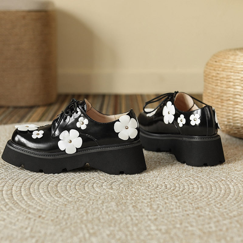 Thick Bottom Black Leather Loafers with White Leather Daisy 