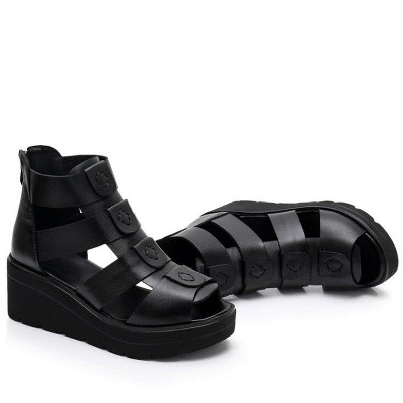 Thick Bottom Smooth Leather Roman Gladiator Platform Sandals - Ideal Place Market