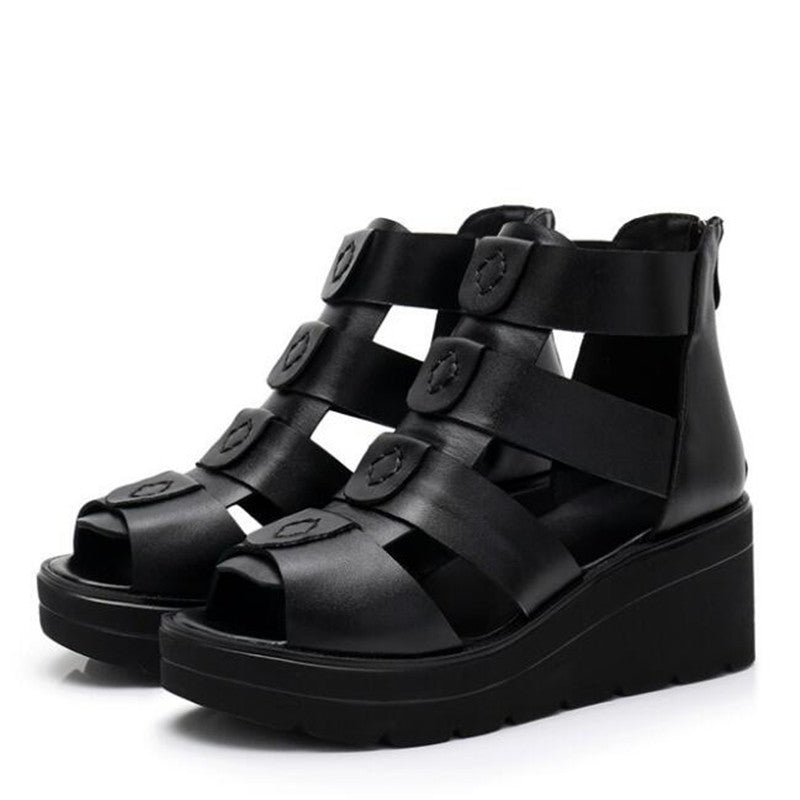 Thick Bottom Smooth Leather Roman Gladiator Platform Sandals - Ideal Place Market