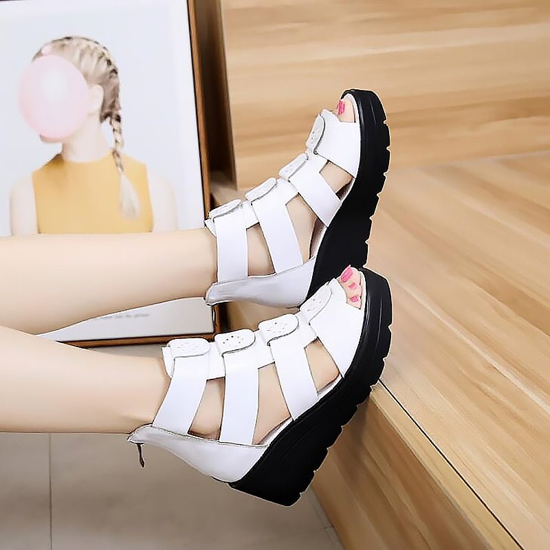 Thick Bottom Smooth Leather Roman Gladiator Platform Sandals - Ideal Place Market