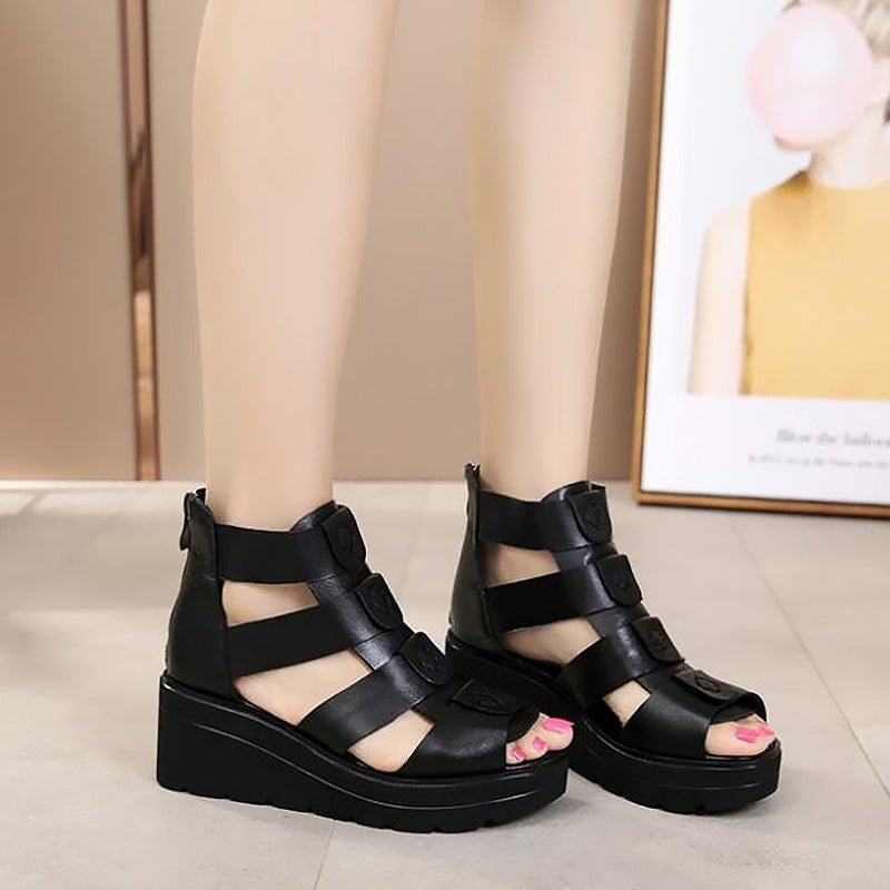 Thick Bottom Smooth Leather Roman Gladiator Platform Sandals - Ideal Place Market