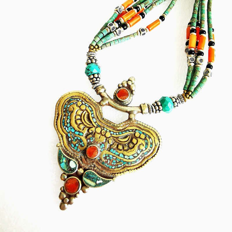 Tibetan Hand Hammered Brass, Turquoise & Coral Heart Necklace - Ideal Place Market