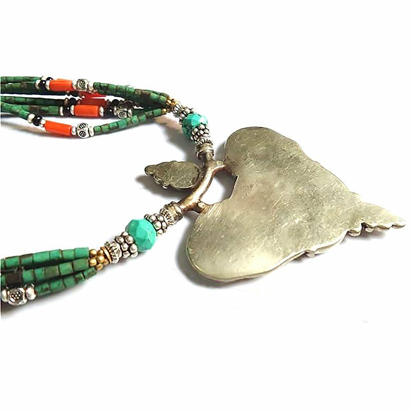 Tibetan Hand Hammered Brass, Turquoise & Coral Heart Necklace - Ideal Place Market