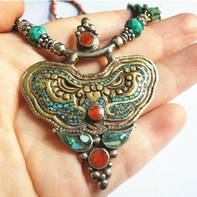 Tibetan Hand Hammered Brass, Turquoise & Coral Heart Necklace - Ideal Place Market