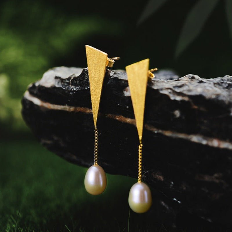 Triangular S925 Silver/Gold & Natural Pearl Dangle Earrings - Ideal Place Market