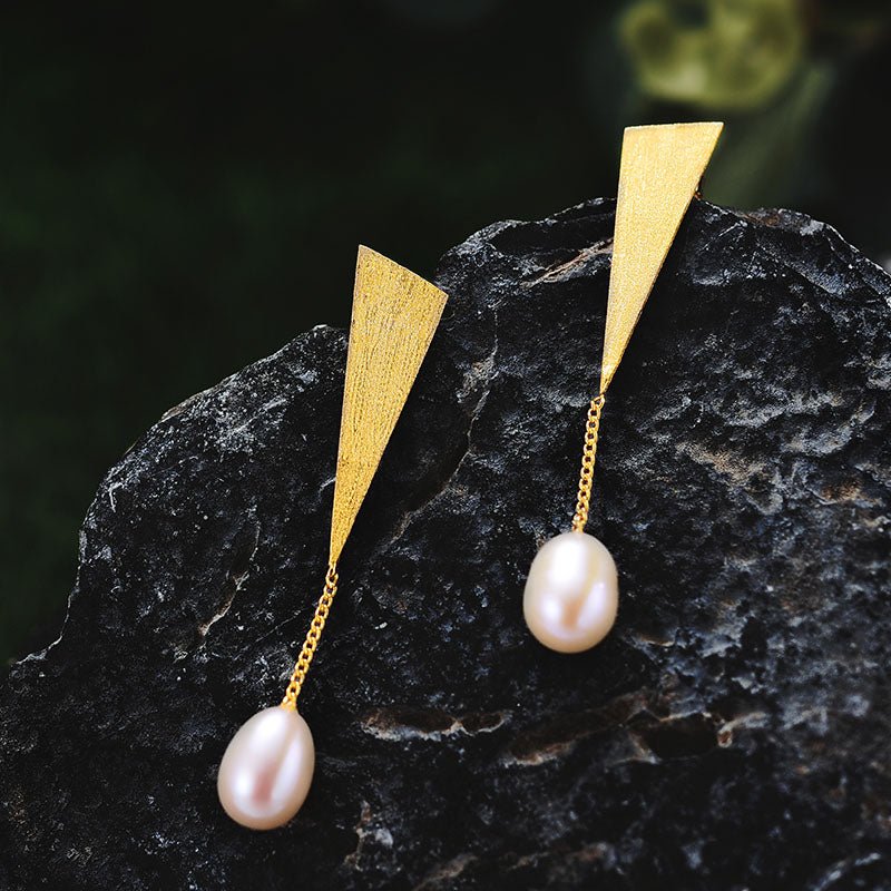 Triangular S925 Silver/Gold & Natural Pearl Dangle Earrings - Ideal Place Market