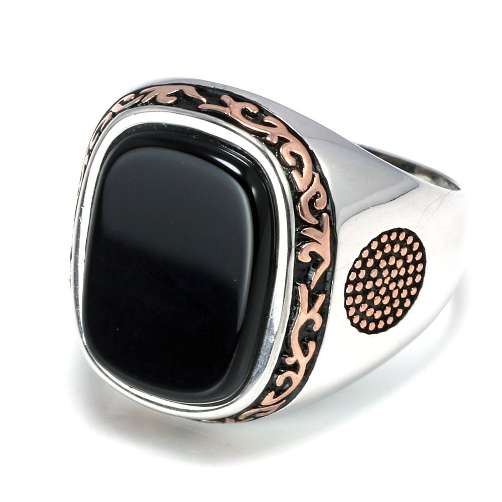 Turkish Carved S925 Silver Ring with Natural Black Onyx - Ideal Place Market