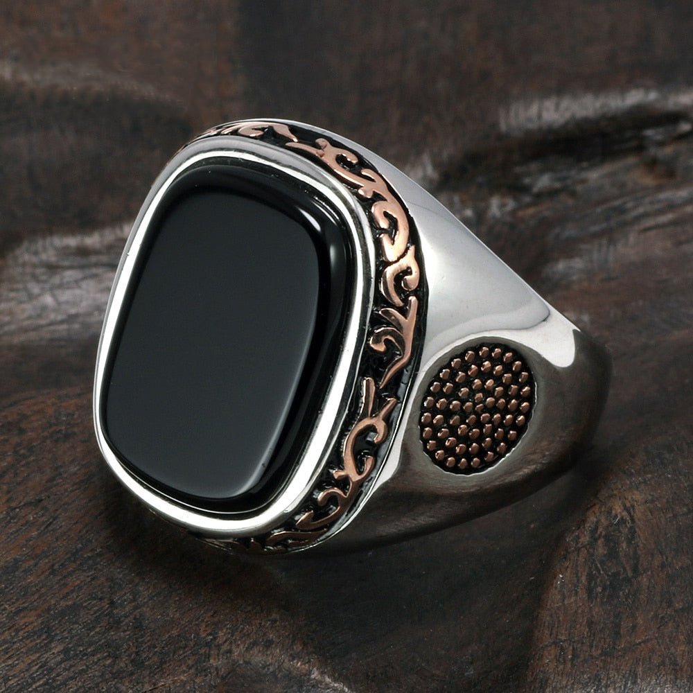 Turkish Carved S925 Silver Ring with Natural Black Onyx - Ideal Place Market