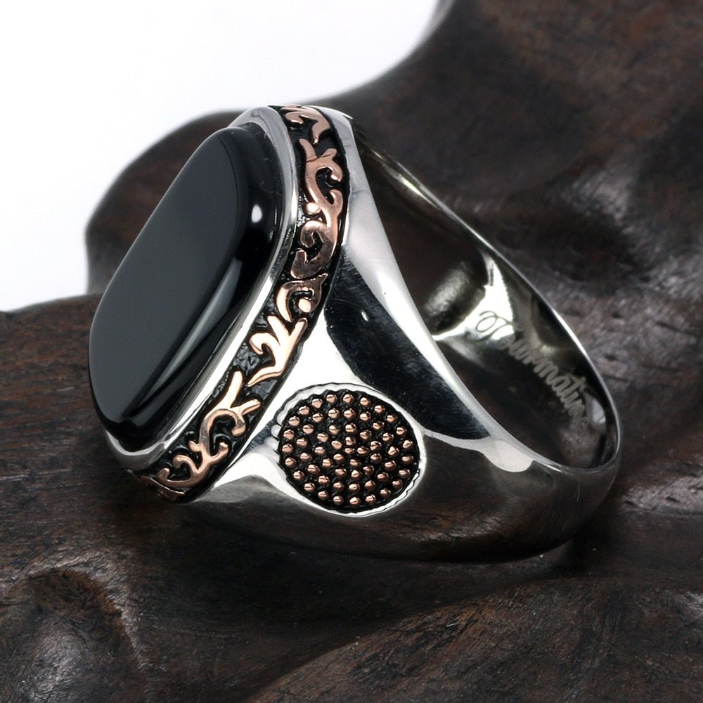 Turkish Carved S925 Silver Ring with Natural Black Onyx - Ideal Place Market