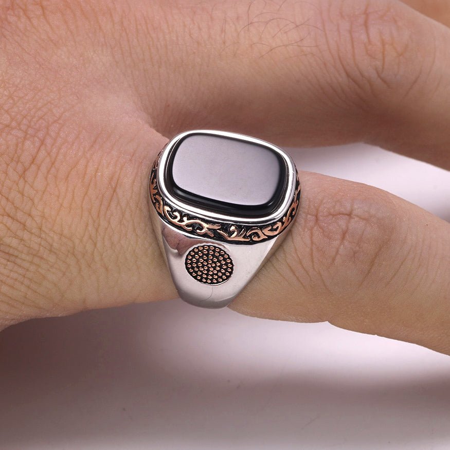 Turkish Carved S925 Silver Ring with Natural Black Onyx - Ideal Place Market