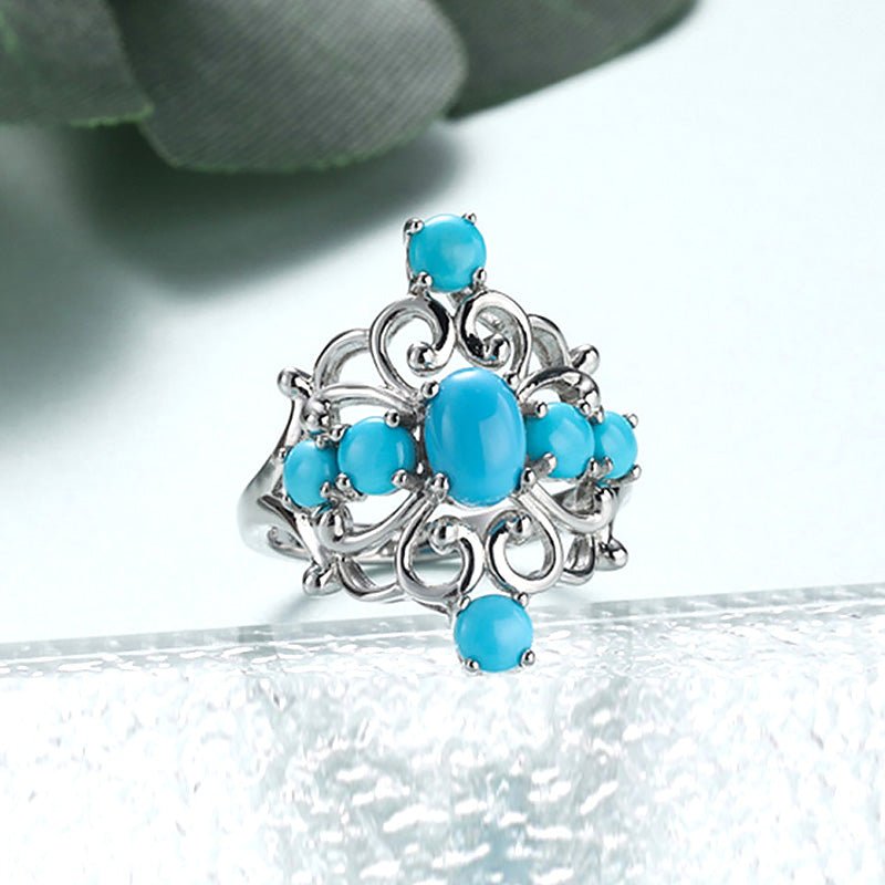 Turquoise Stones & Ornate S925 Silver Ring for Women - Ideal Place Market