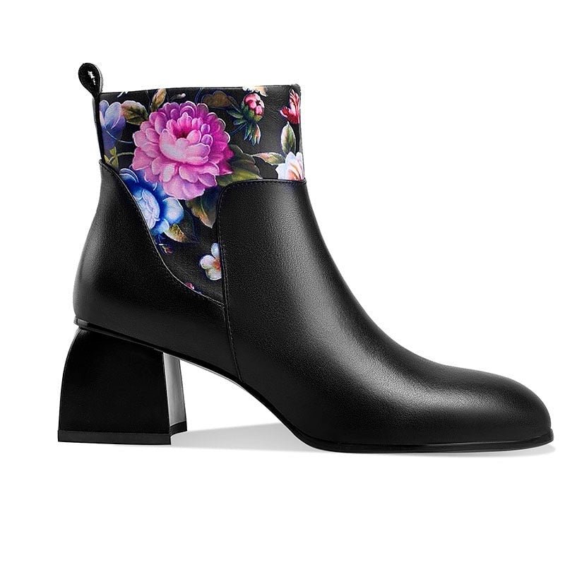 Vibrant & Elegant Floral Embossed Genuine Cowhide Pull-On Round Toe Ankle Boots - Ideal Place Market