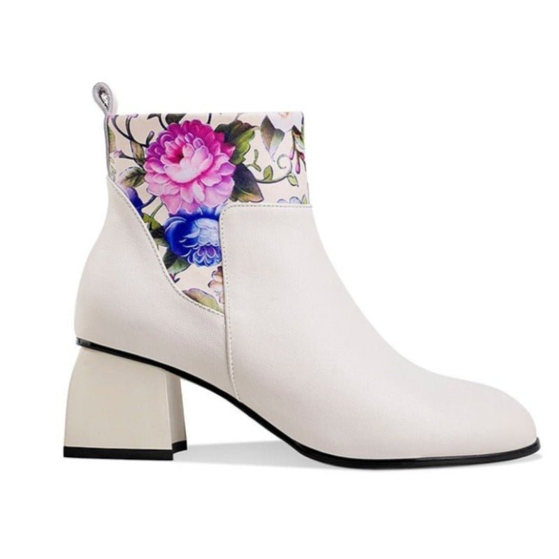 Vibrant & Elegant Floral Embossed Genuine Cowhide Pull-On Round Toe Ankle Boots - Ideal Place Market