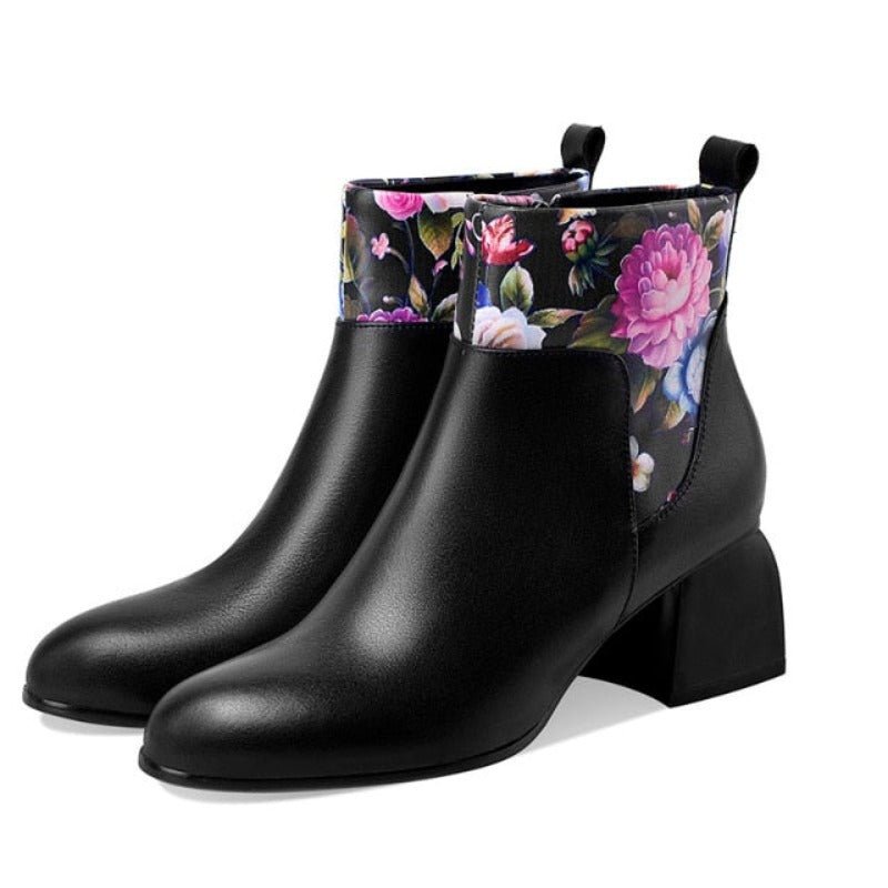 Vibrant & Elegant Floral Embossed Genuine Cowhide Pull-On Round Toe Ankle Boots - Ideal Place Market