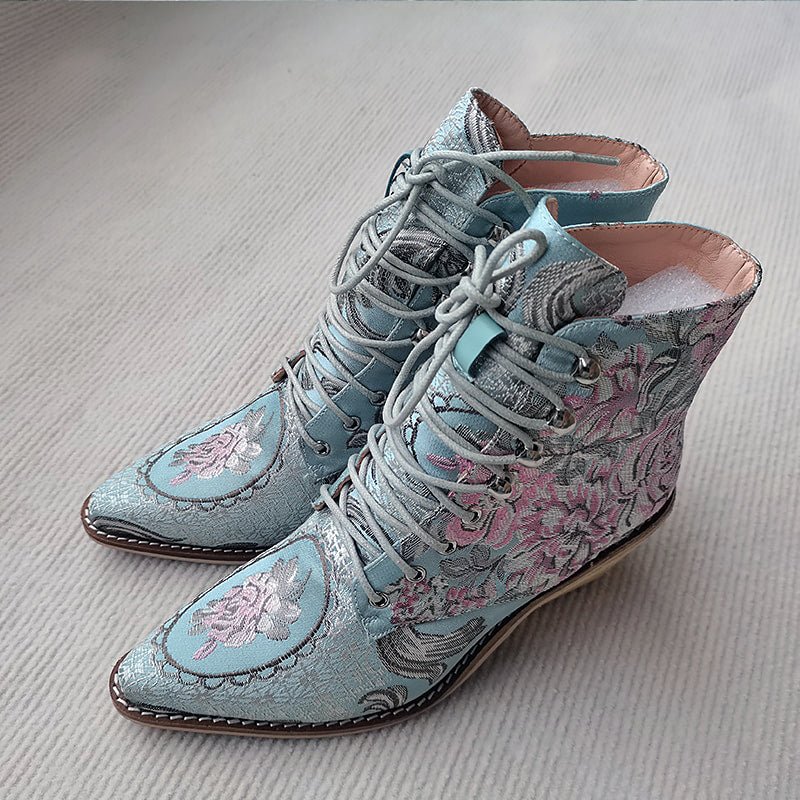 Victorian Silk Embroidered Narrow-Toe Granny Boots - Ideal Place Market