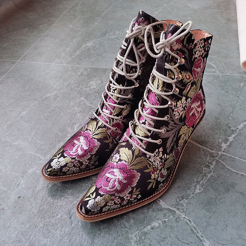 Victorian Silk Embroidered Narrow-Toe Granny Boots - Ideal Place Market