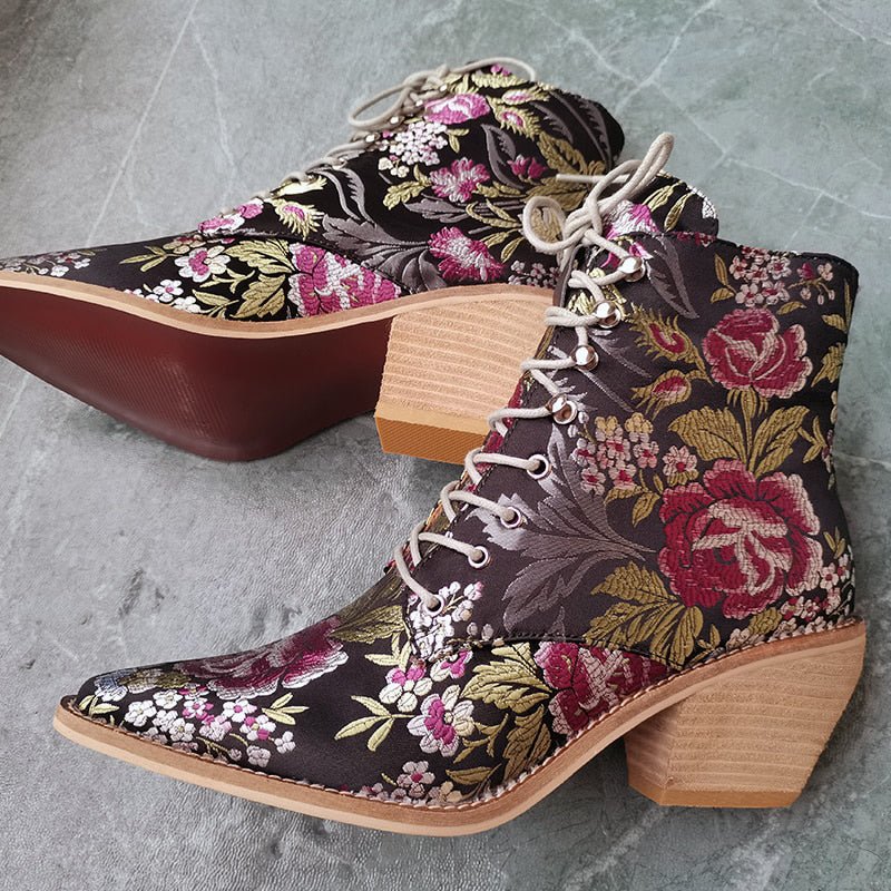 Victorian Silk Embroidered Narrow-Toe Granny Boots - Ideal Place Market