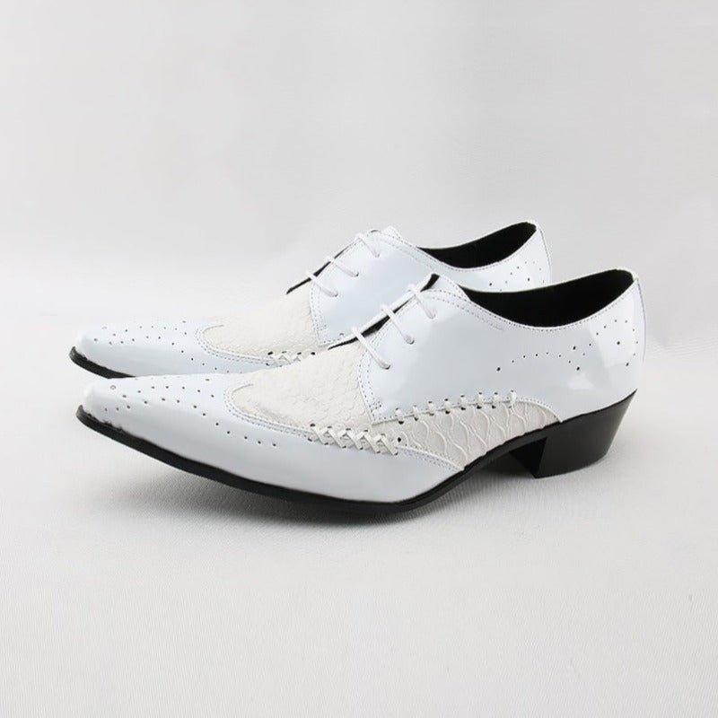 White & Cream Genuine Cowhide Pointed-Toe Brogues for Men - Ideal Place Market