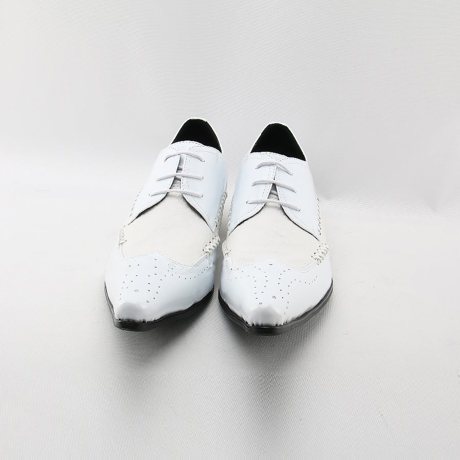 White & Cream Genuine Cowhide Pointed-Toe Brogues for Men - Ideal Place Market