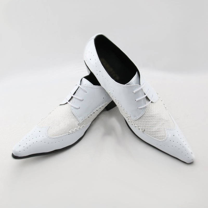 White & Cream Genuine Cowhide Pointed-Toe Brogues for Men - Ideal Place Market