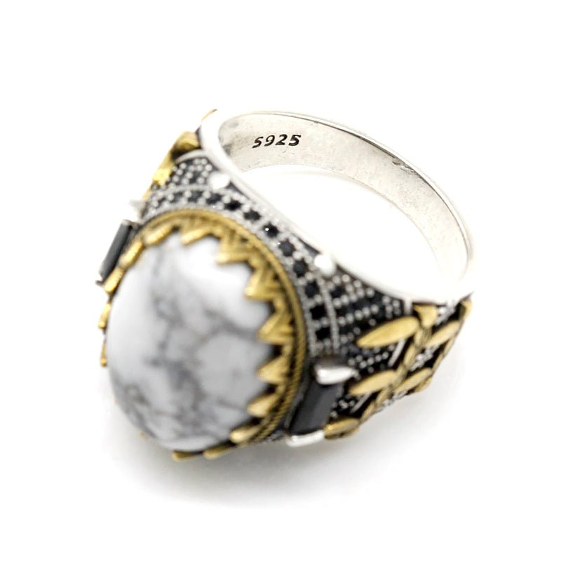 White Turquoise Inlaid S925 Silver & Brass Ring - Ideal Place Market