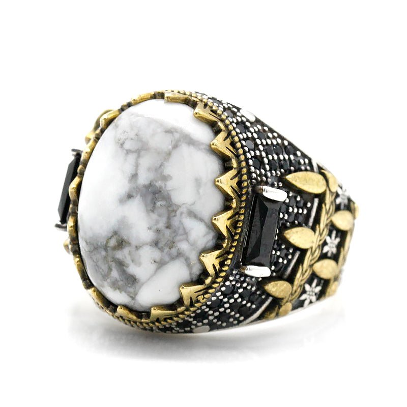 White Turquoise Inlaid S925 Silver & Brass Ring - Ideal Place Market