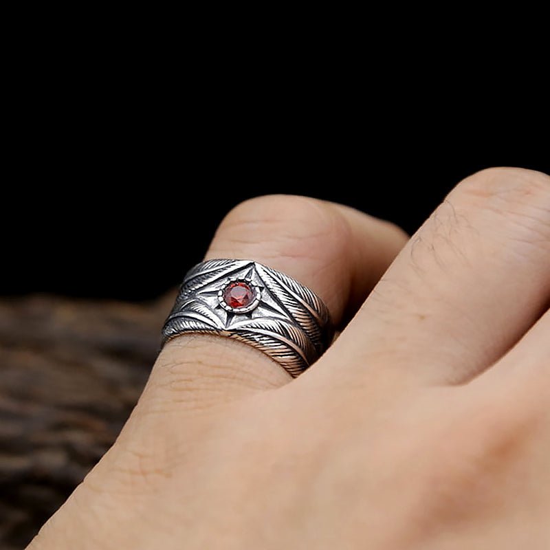 Wide Feathered S925 Silver & Red Zircon Ring - Ideal Place Market