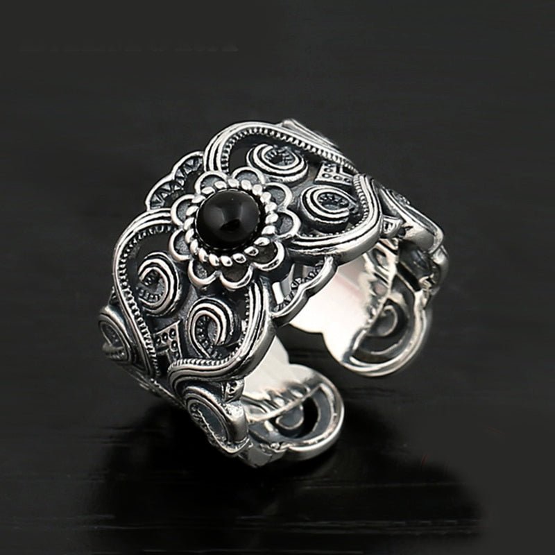 Wide Flowered Black Onyx S925 Silver Ring - Ideal Place Market