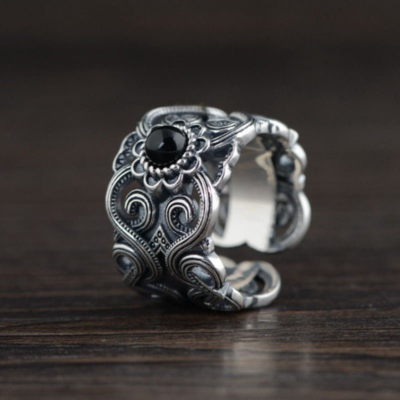 Wide Flowered Black Onyx S925 Silver Ring - Ideal Place Market