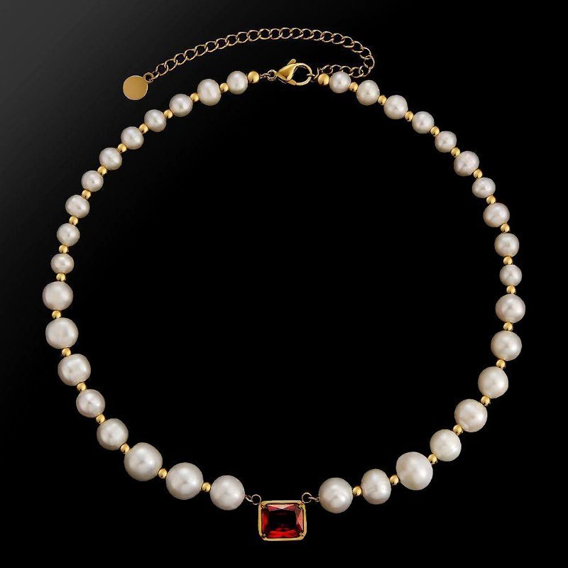 Women's Freshwater Pearl Beaded Necklace with Red Zircon Pendant - Ideal Place Market