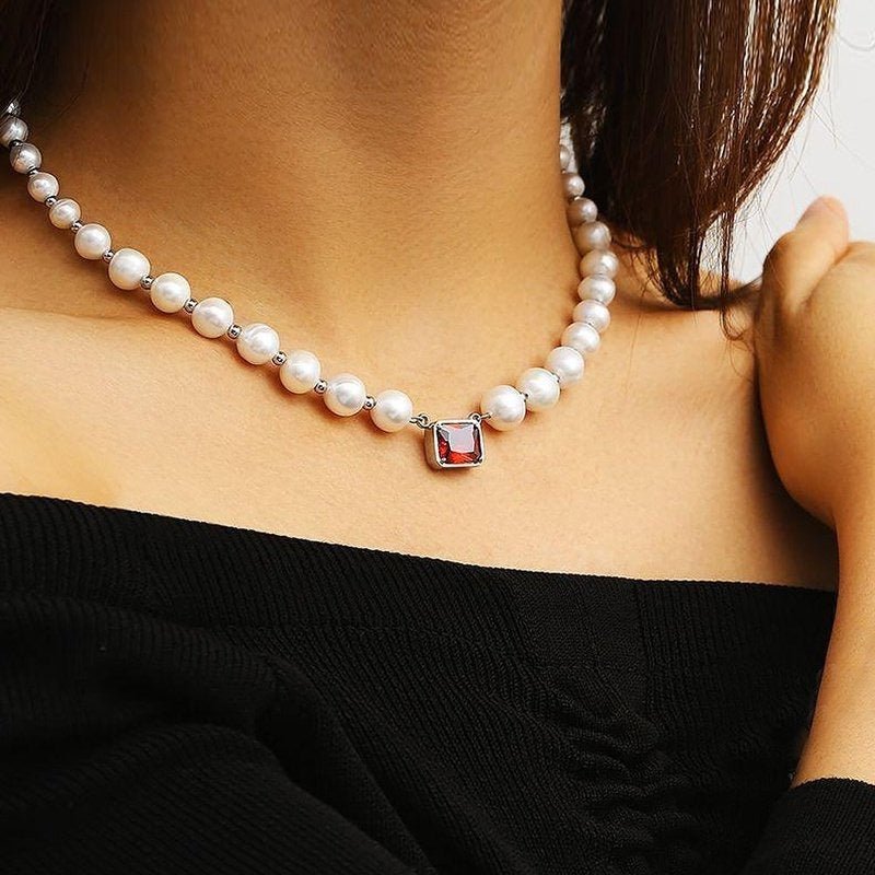 Women's Freshwater Pearl Beaded Necklace with Red Zircon Pendant - Ideal Place Market