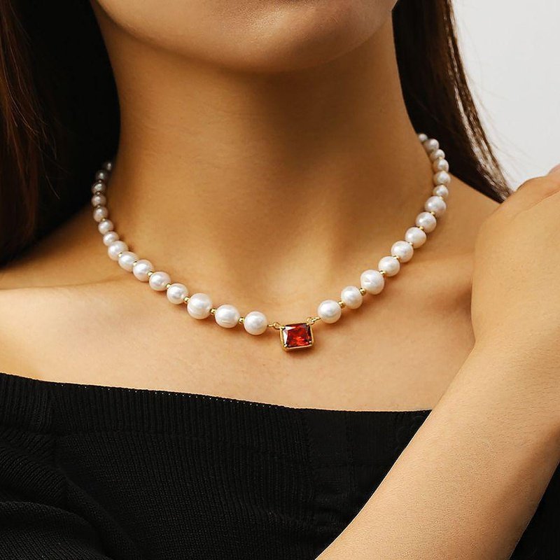 Women's Freshwater Pearl Beaded Necklace with Red Zircon Pendant - Ideal Place Market